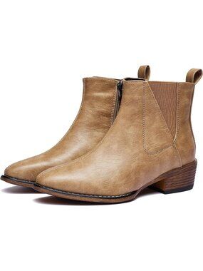 Women's Khaki Ankle Boots Mid-height Heels Chelsea Zipper Dressy Booties